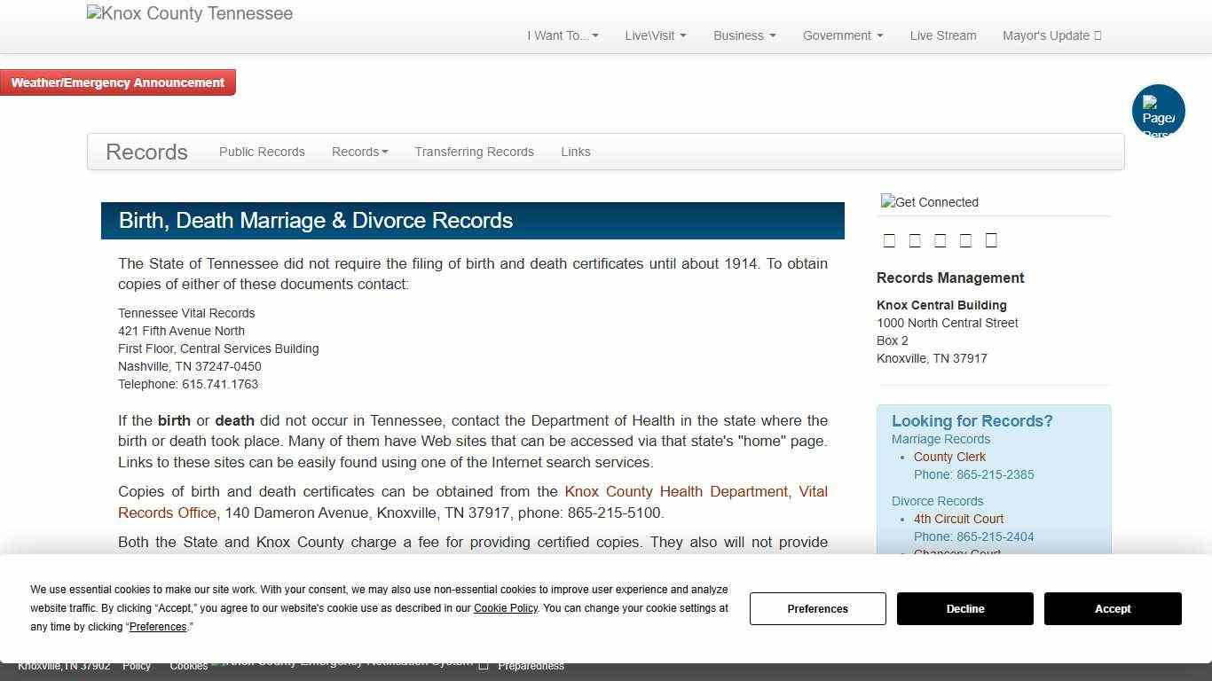 Birth, Death Marriage & Divorce Records - Records Management - Knox County Tennessee Government